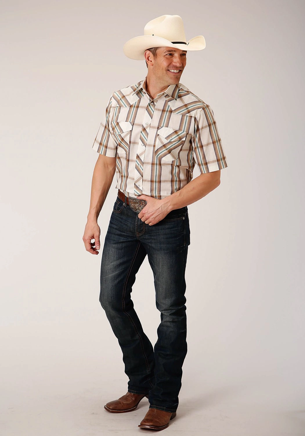 Roper Mens 55/45 Large Scale Brown Cotton Blend L/S Shirt Quick Dry Construction