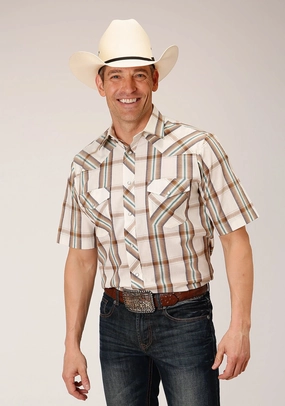 Roper Mens 55/45 Large Scale Brown Cotton Blend L/S Shirt High Density Weave Anti Static Treatment