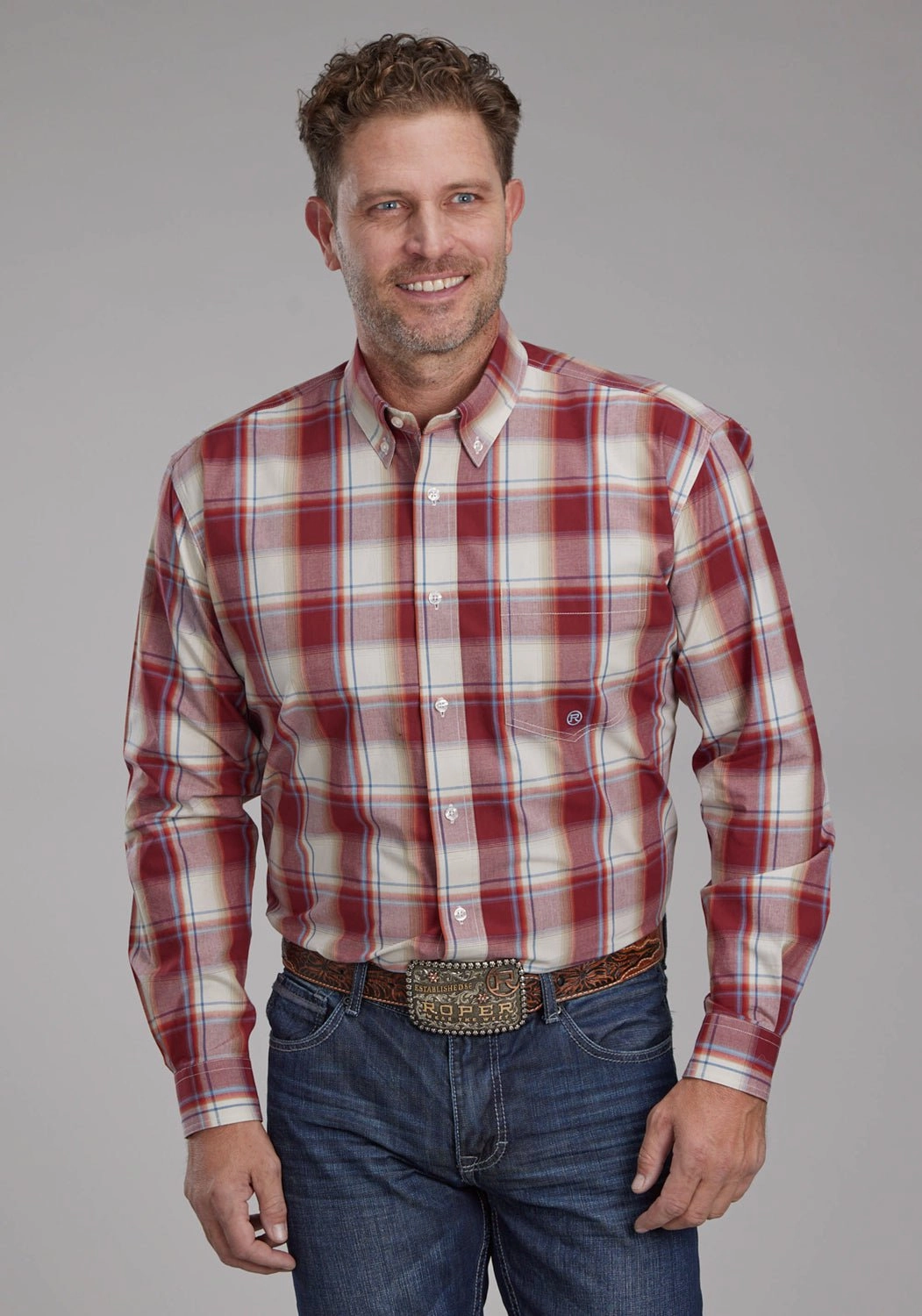 Poolside Lounge Loose Fit Roper Mens 57 Chevy Plaid Red/White 100% Cotton 1 Pkt L/S Shirt