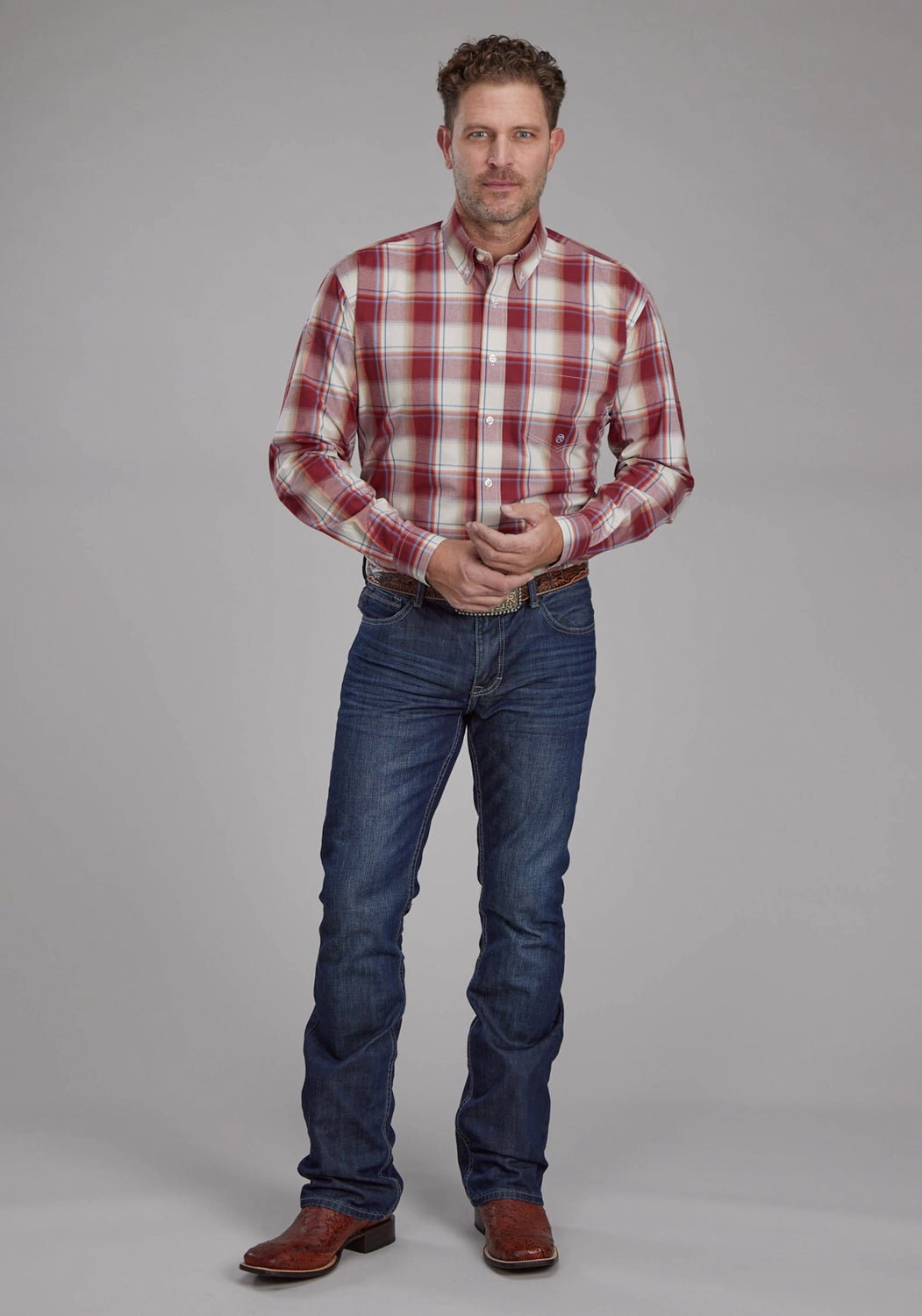 Business Meeting Roper Mens 57 Chevy Plaid Red/White 100% Cotton 1 Pkt L/S Shirt