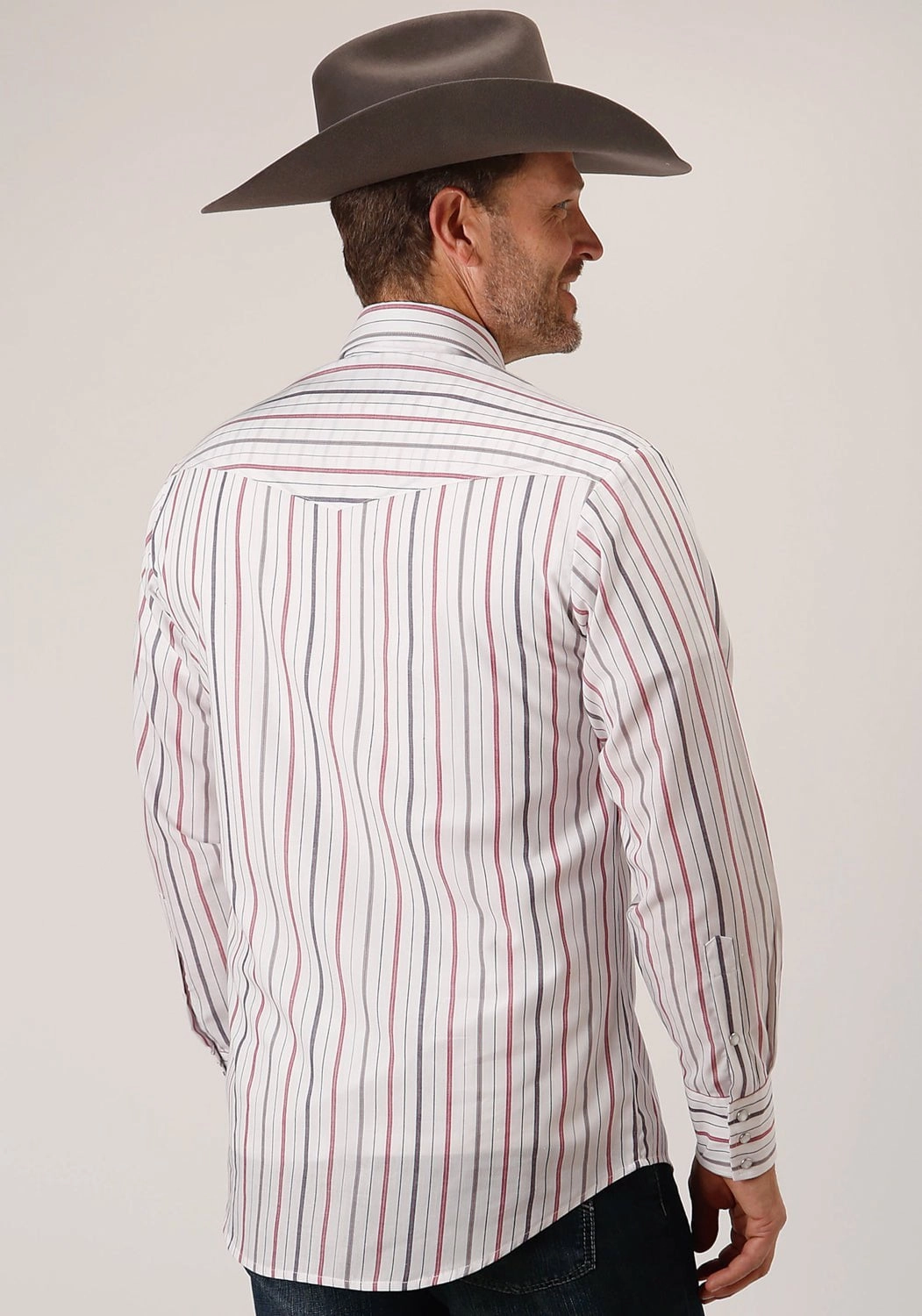 Roper Mens 80/20 Stripes Grey/Red 80% Polyester/20% Cotton L/S Shirt Vintage Style