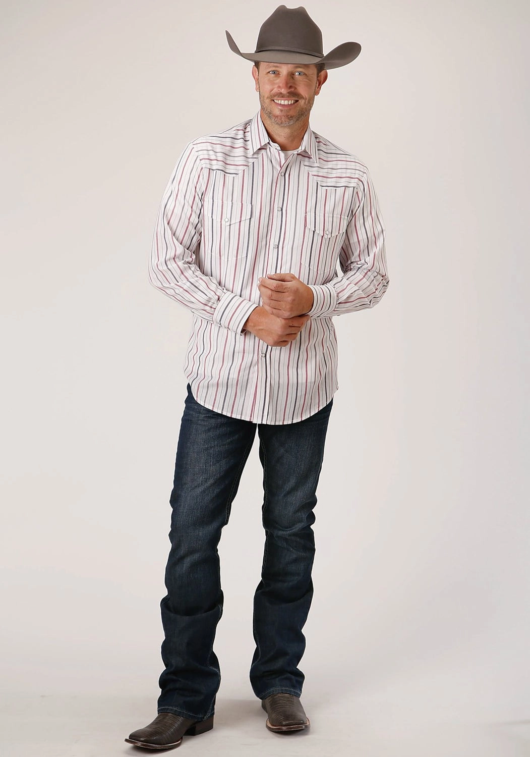 Active Wear Roper Mens 80/20 Stripes Grey/Red 80% Polyester/20% Cotton L/S Shirt