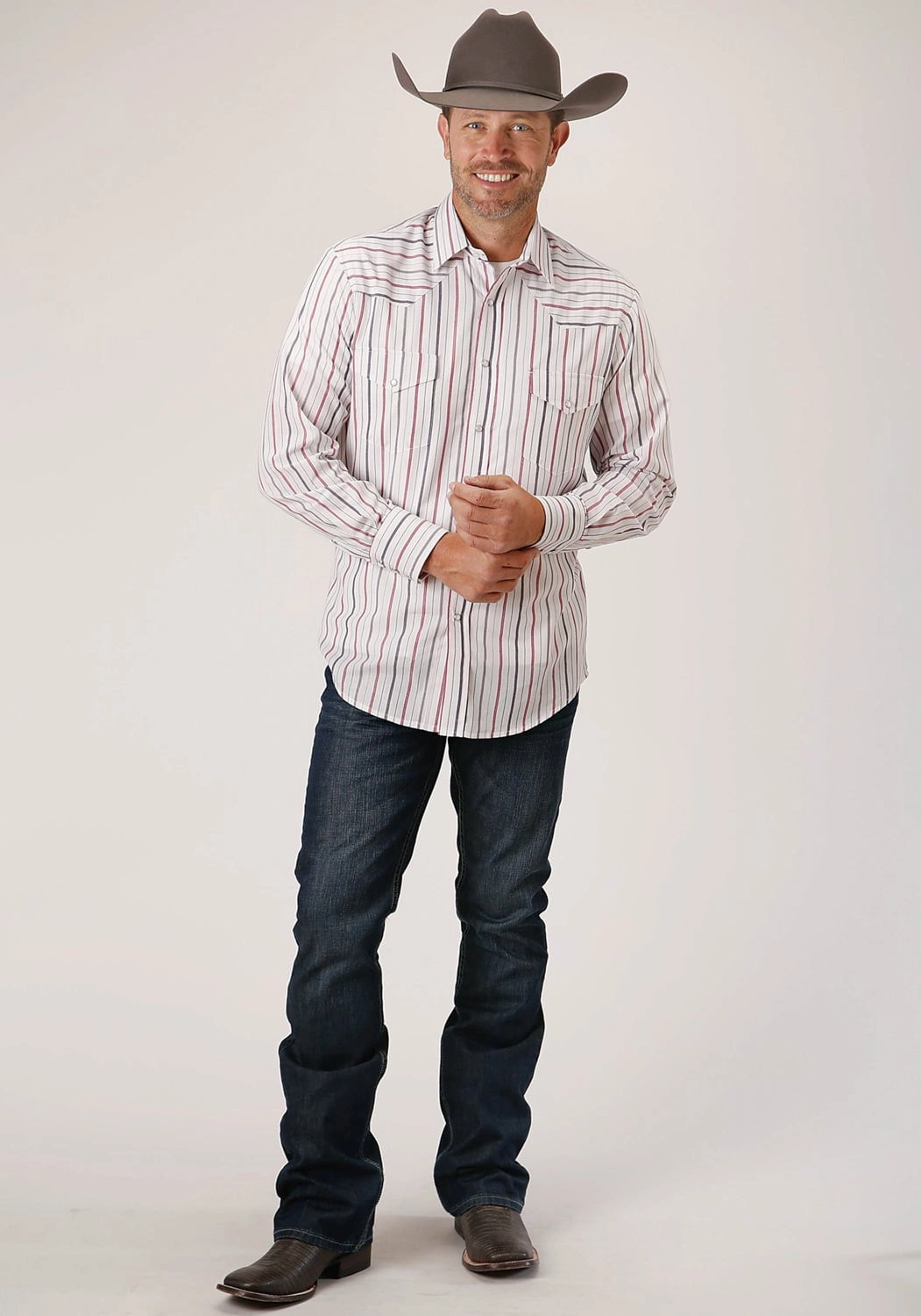 Roper Mens 80/20 Stripes White/Grey 80% Polyester/20% Cotton L/S Shirt Neutral Shade