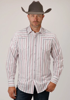 Roper Mens 80/20 Stripes White/Grey 80% Polyester/20% Cotton L/S Shirt Fashion Forward
