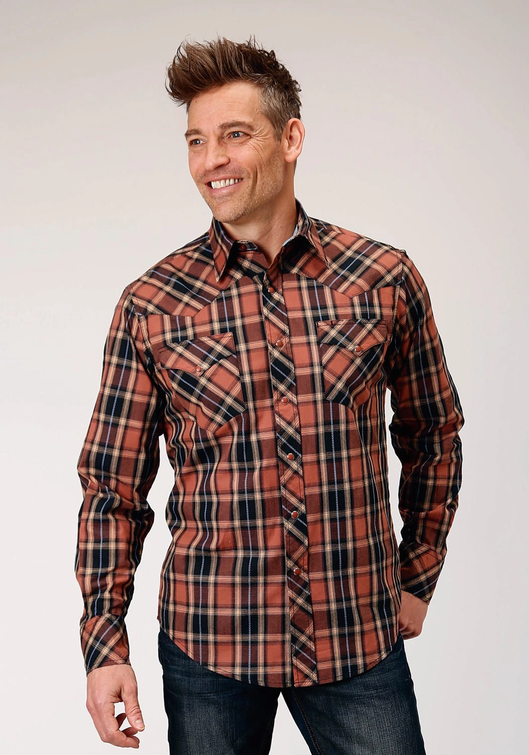 Roper Mens Arrow Dobby Plaid Brown 100% Cotton L/S Shirt Trendy Look High-Quality Fabric