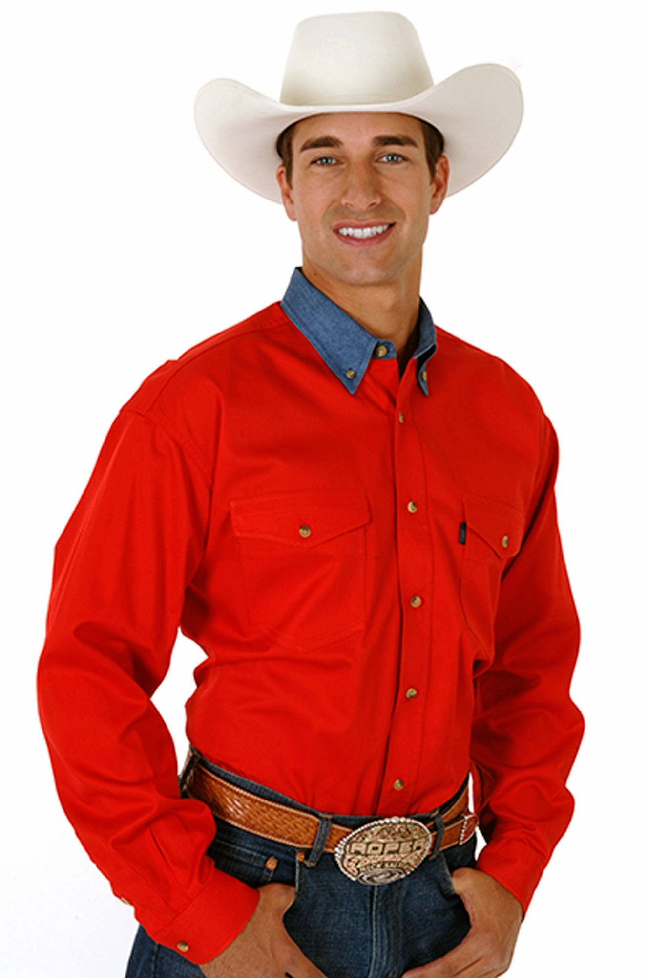 Urban Trend Cocktail Event Roper Mens Basics Red 100% Cotton L/S Tall Denim Contrast Western Shirt
