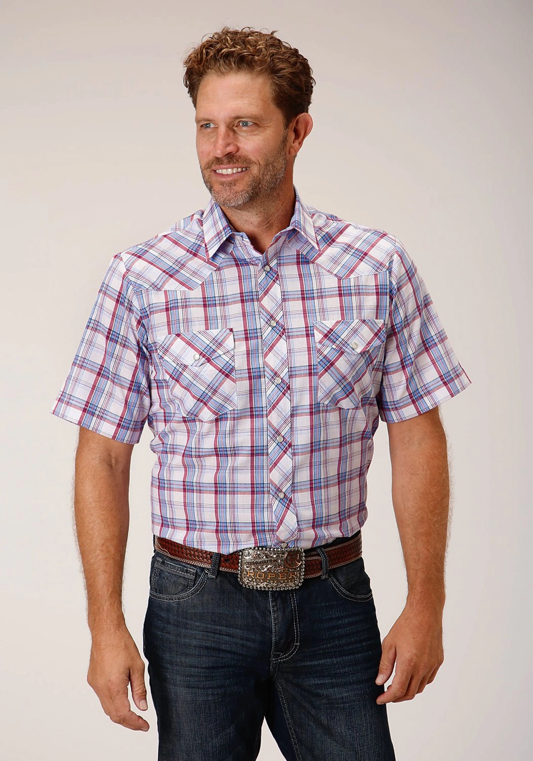 bohemian flair Roper Mens Berry Plaid White Cotton Blend S/S Shirt