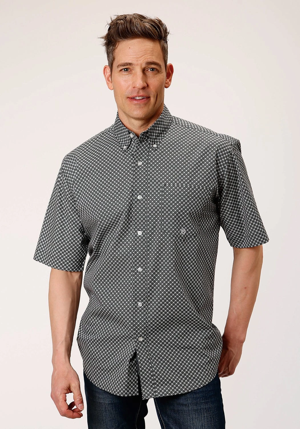 Spring Trend Wrinkle Resistant Roper Mens Black 100% Cotton Diamond Star Geo BD S/S 1 Pocket Shirt