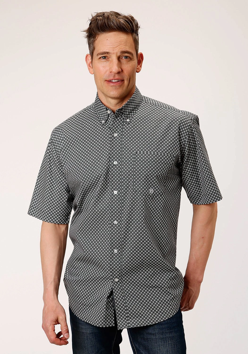 Roper Mens Black 100% Cotton Diamond Star Geo BD S/S 1 Pocket Shirt Recycled Polyester Blend