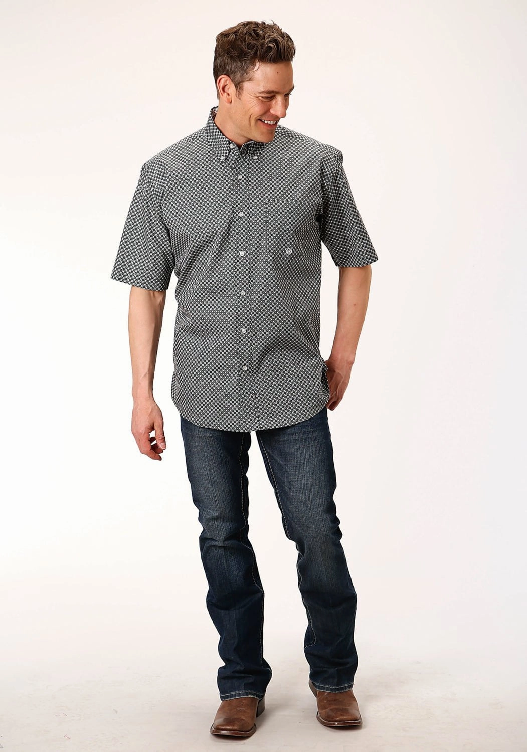 Roper Mens Black 100% Cotton Diamond Star Geo BD S/S 1 Pocket Shirt No Chafe Edging Pocket Detailing