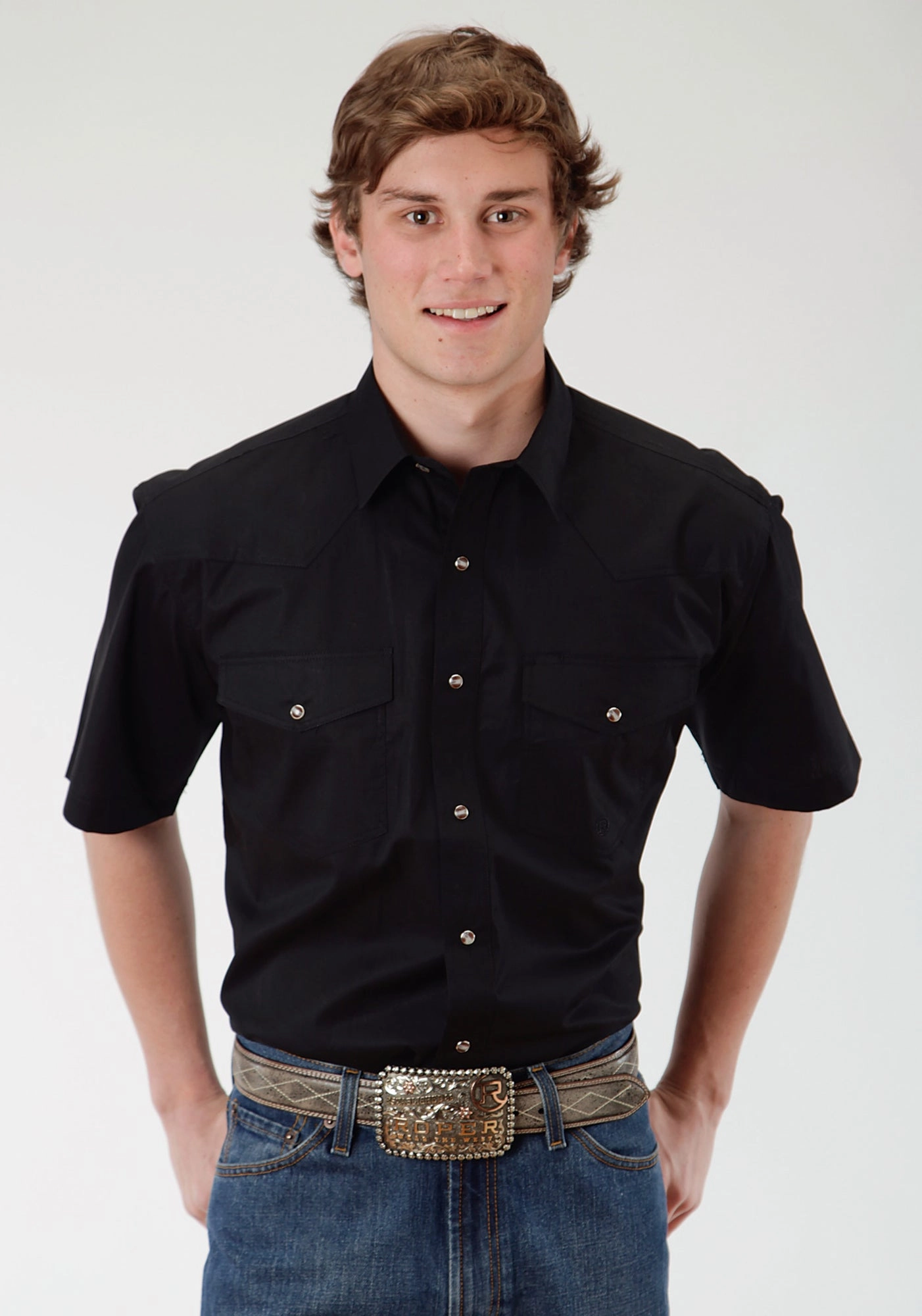 Midweight Textile Non Iron Material Roper Mens Black 100% Cotton S/S Shirt