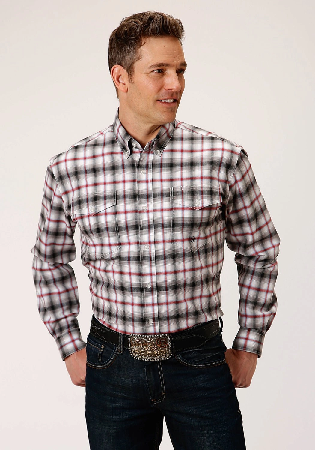 Roper Mens Black Cotton Blend Ombre Stretch BD L/S Button Shirt Smooth Cotton Blend