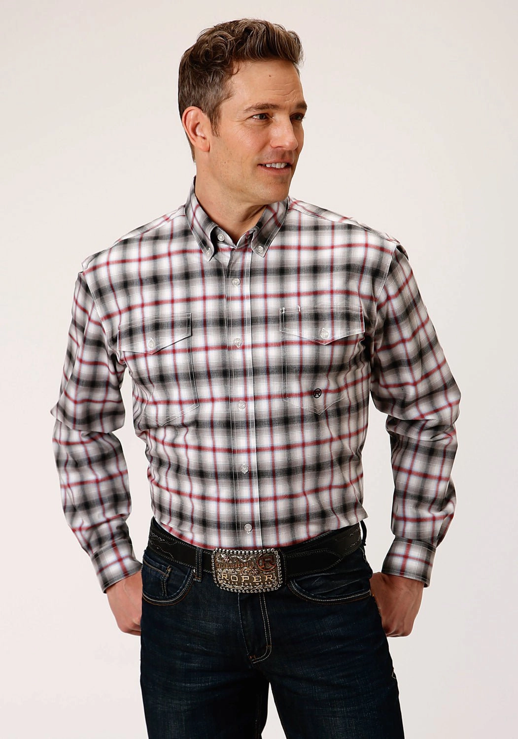 Roper Mens Black Cotton Blend Ombre Stretch BD L/S Button Shirt Fitted Design