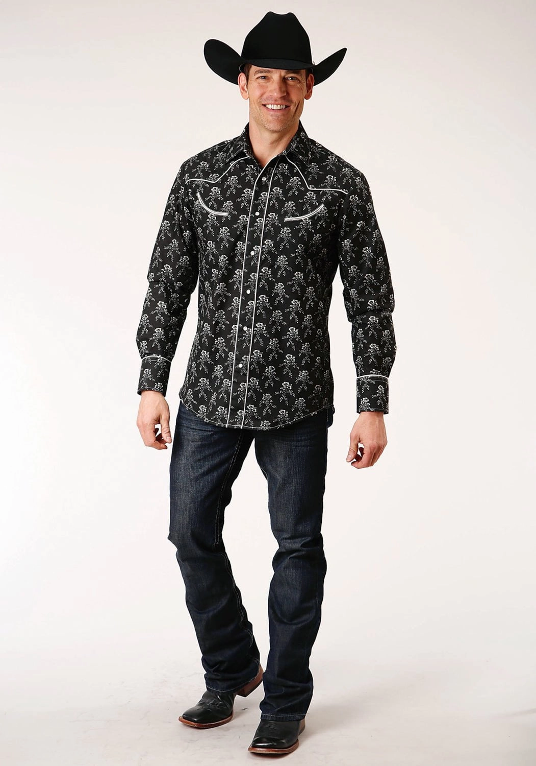 Roper Mens Black/Cream Cotton Blend Floral L/S Shirt Water Repellent Finish