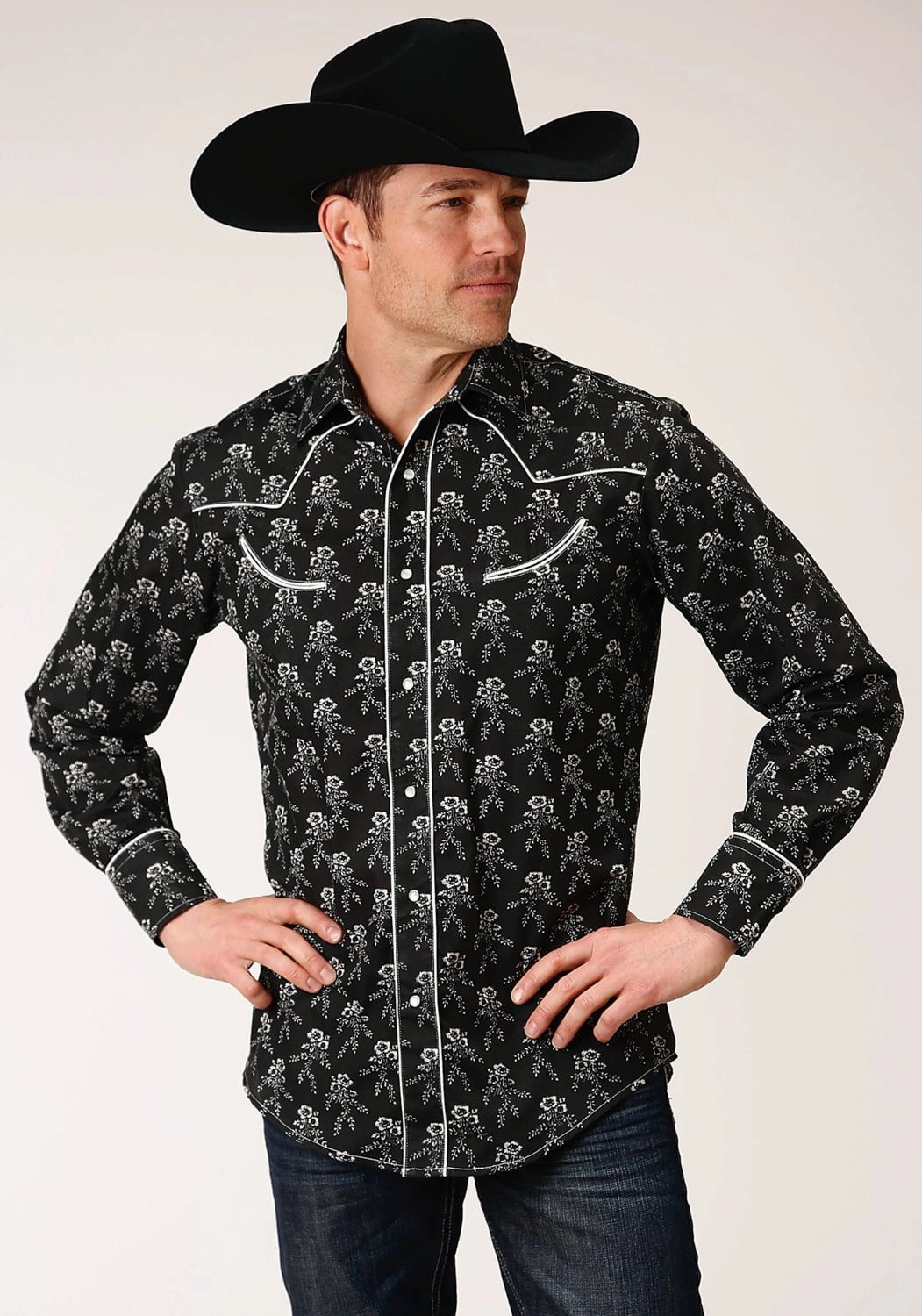 Sporty Look Roper Mens Black/Cream Cotton Blend Floral L/S Shirt