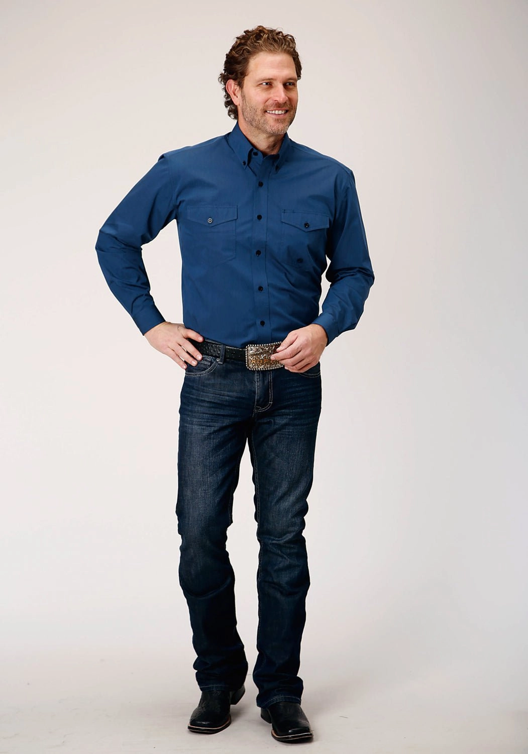 Roper Mens Black Fill Button Blue 100% Cotton L/S Shirt Minimalist fashion