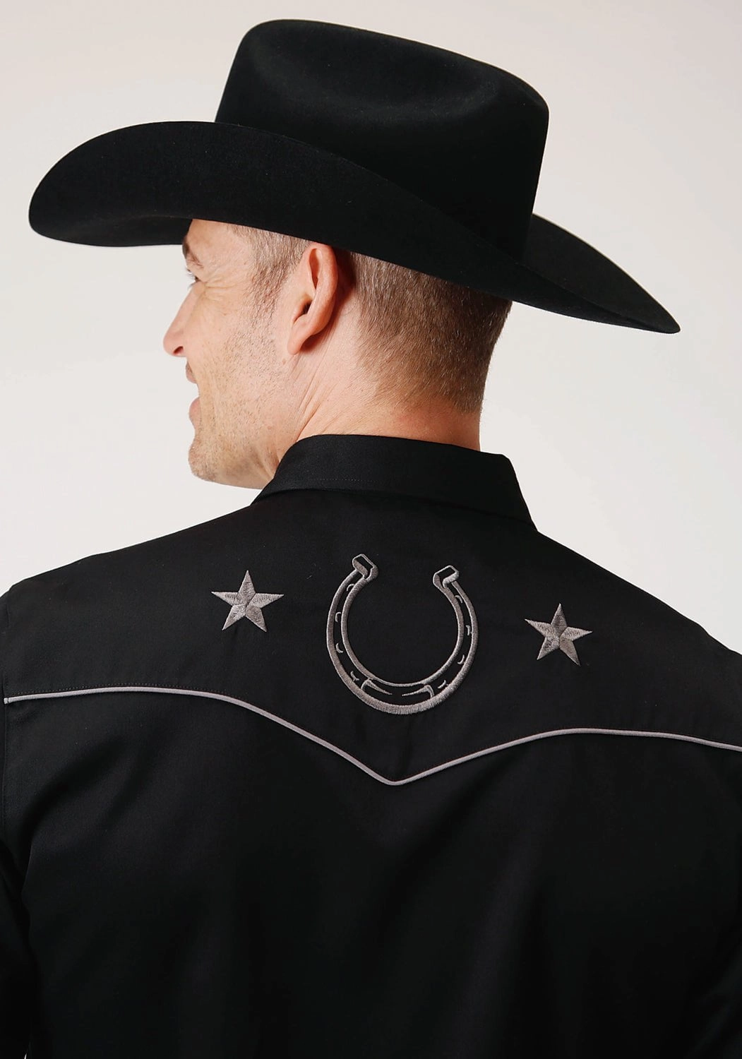 Roper Mens Black Poly/Rayon Horseshoes L/S Shirt Festival Outfit