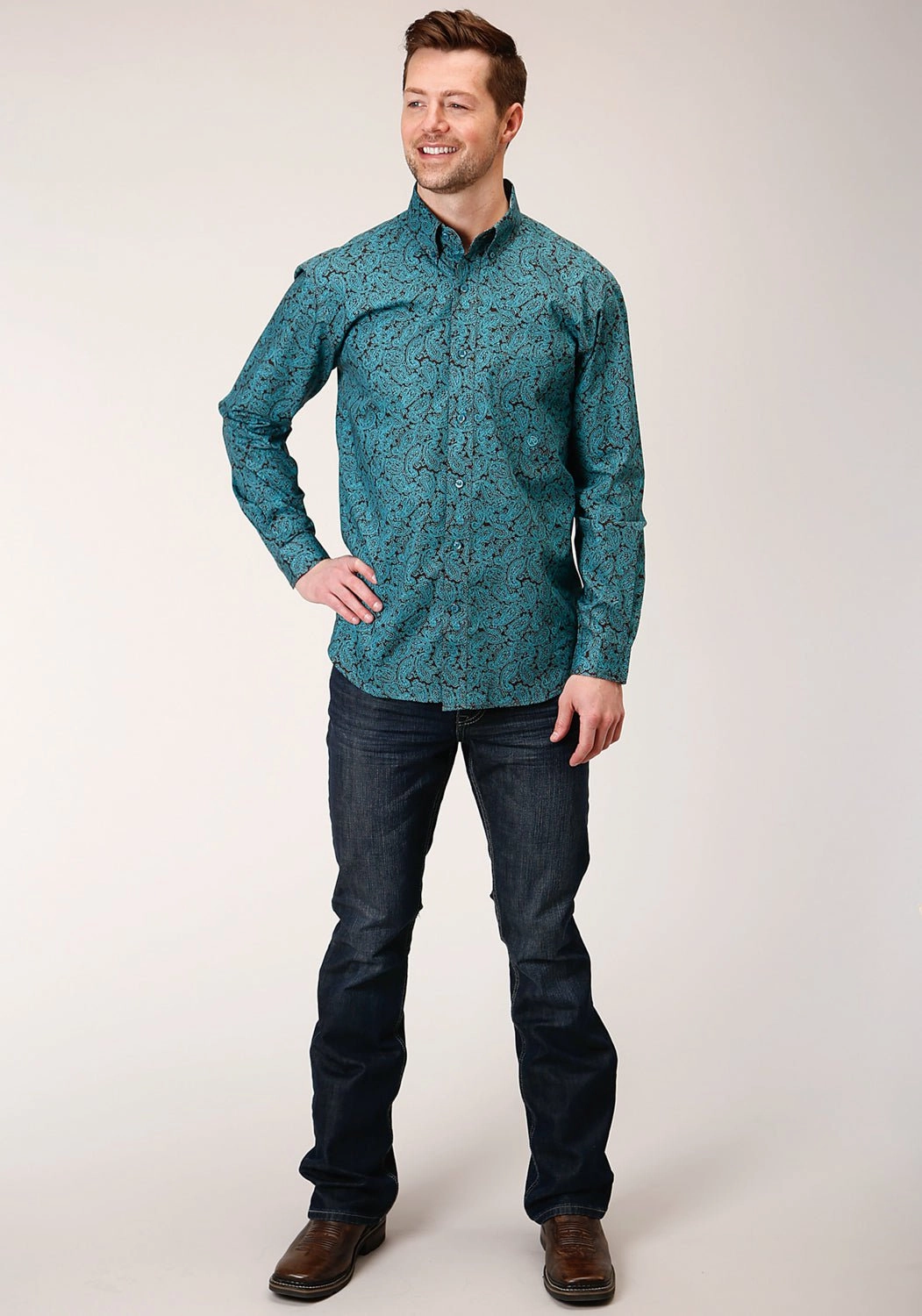 Structured Collar Roper Mens Blue 100% Cotton Agave Paisley BD L/S 1 Pkt Shirt