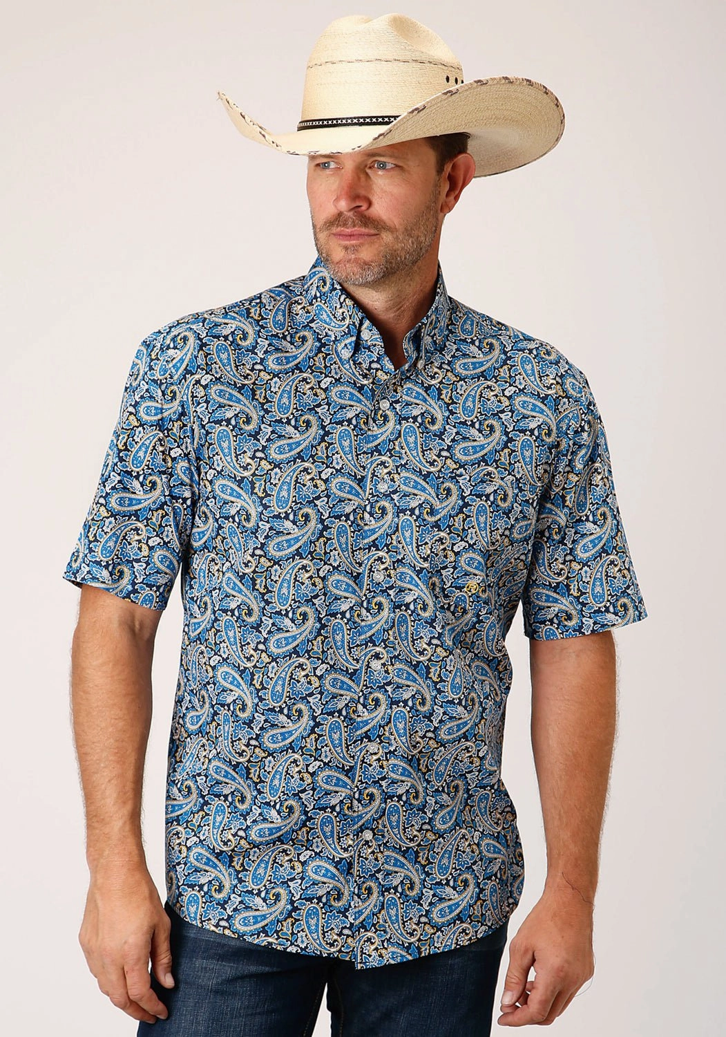 Smooth Seam Finish Roper Mens Blue 100% Cotton Amarillo Paisley BD S/S 1 Pkt Shirt