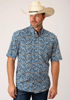 Smooth Seam Finish Roper Mens Blue 100% Cotton Amarillo Paisley BD S/S 1 Pkt Shirt