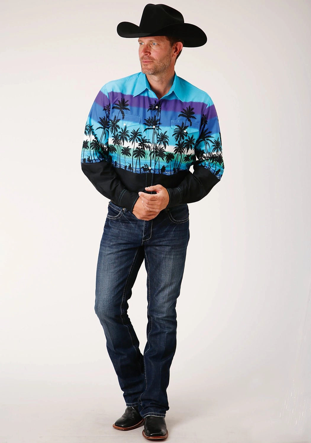 Rooftop Bar Roper Mens Blue 100% Cotton Beach Roundup L/S Snap Shirt