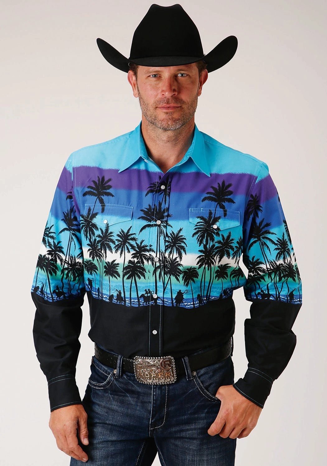 Roper Mens Blue 100% Cotton Beach Roundup L/S Snap Shirt Weekend Casual Smart Look
