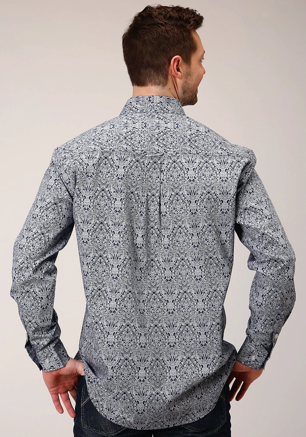 Roper Mens Blue 100% Cotton Crystal Medallion BD L/S 1 Pkt Shirt Breathable fabric Weekend Casual