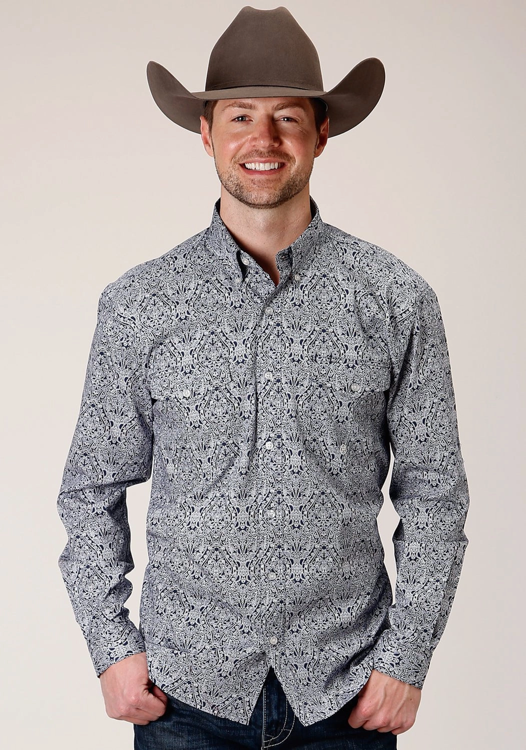 Versatile Layering Piece Roper Mens Blue 100% Cotton Crystal Medallion BD L/S Btn Shirt