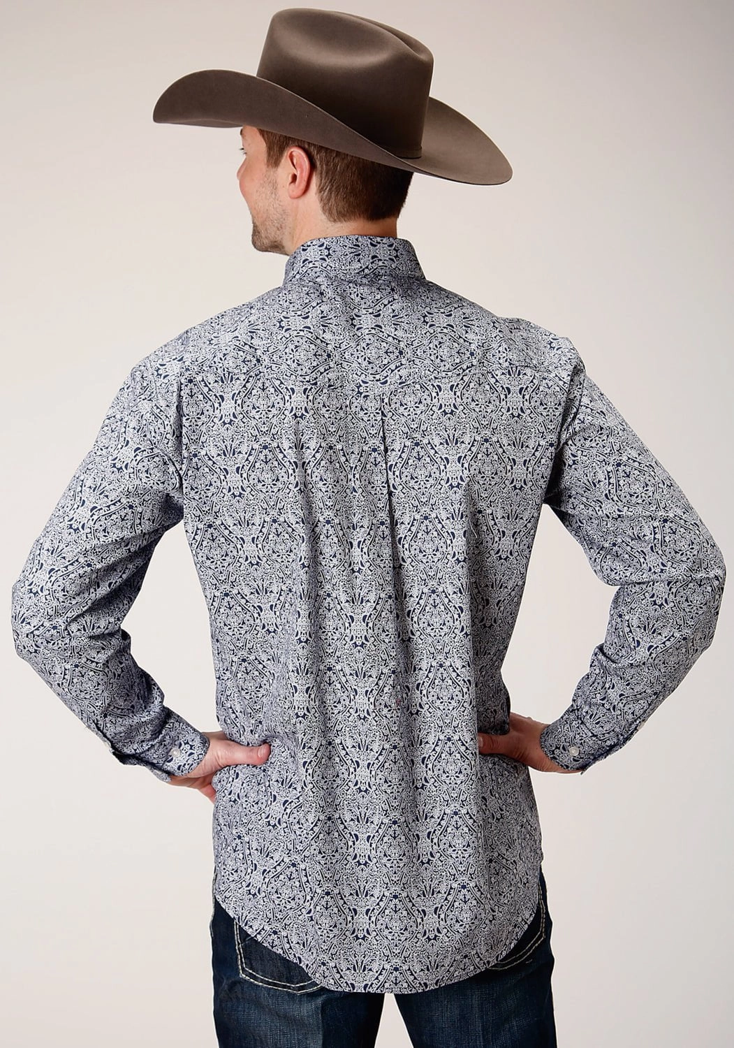 Roper Mens Blue 100% Cotton Crystal Medallion BD L/S Btn Shirt Classic Appeal