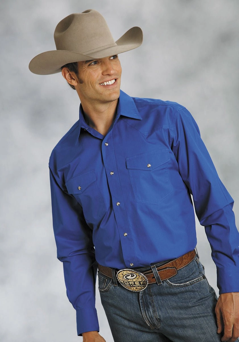 Roper Mens Blue 100% Cotton L/S Snap 1 Pt Back Yoke Poplin Western Shirt Ribbed Trim Sheer Panel