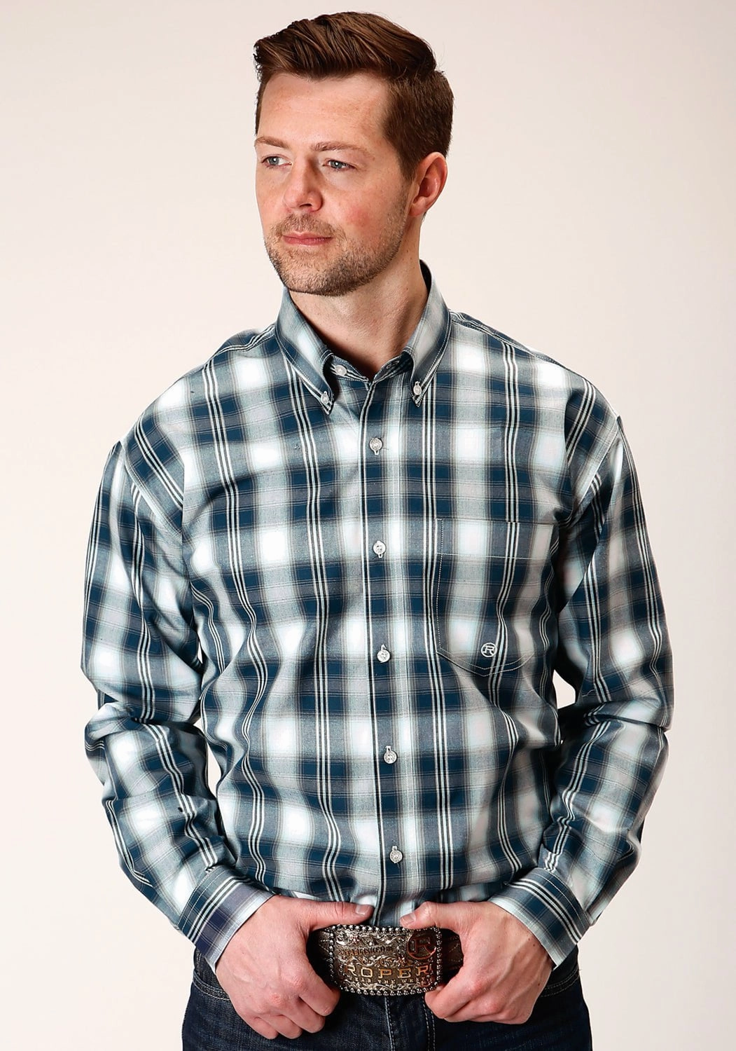 Roper Mens Blue 100% Cotton West Plaid BD L/S 1 Pkt Shirt Modern Aesthetic Lightweight texture