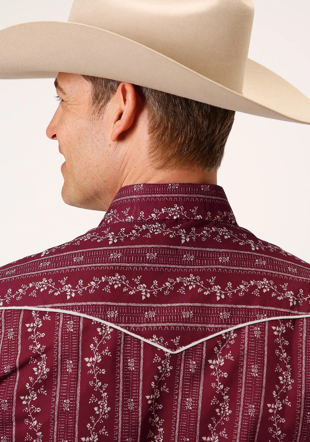 Smooth Stitch Pattern Roper Mens Brick Red Cotton Blend Cream L/S Retro Shirt