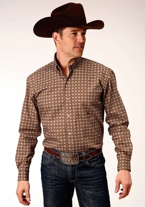 High Neck Roper Mens Brown 100% Cotton Cinnamon Foulard BD L/S 1 Pkt Shirt