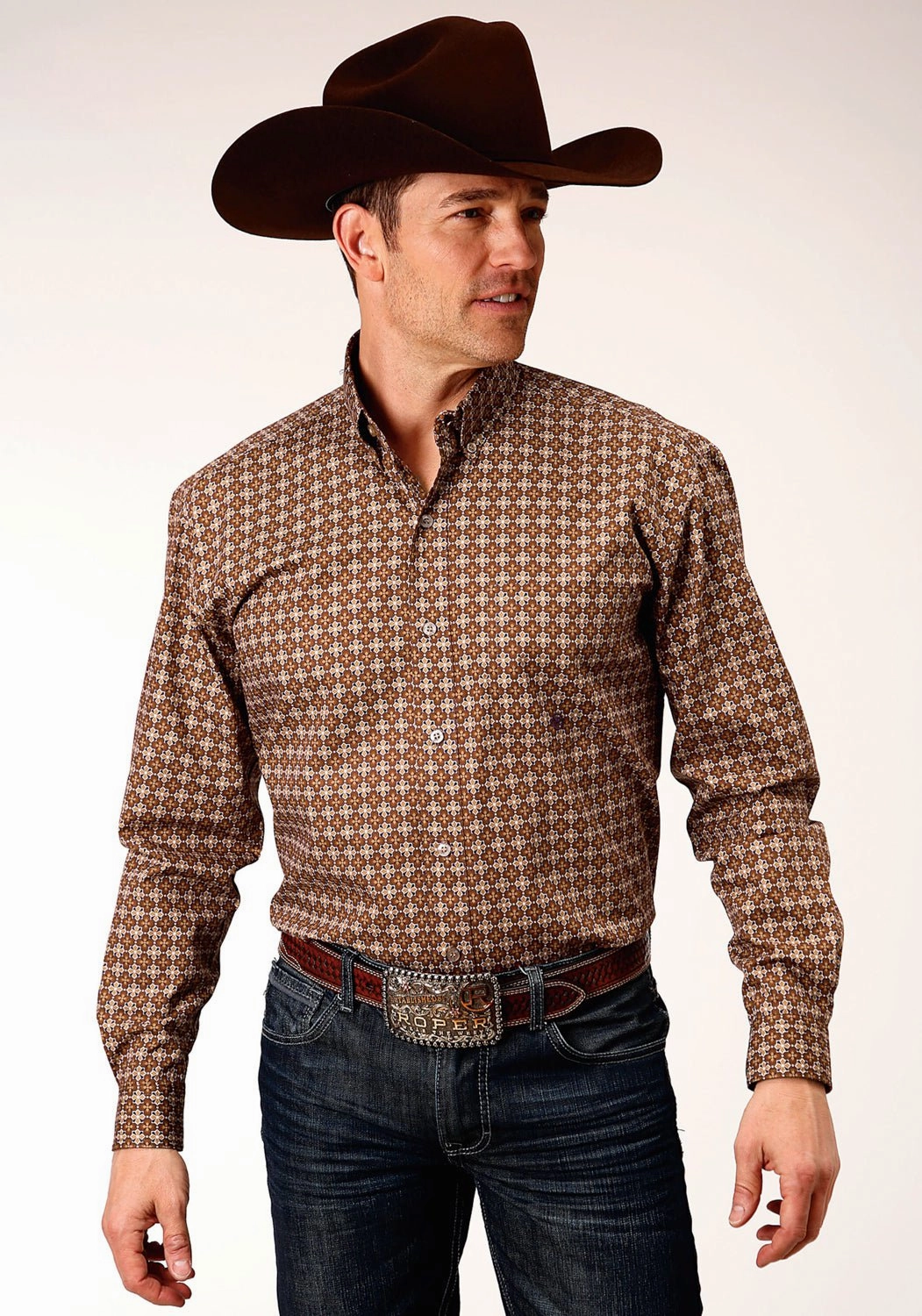 High Neck Roper Mens Brown 100% Cotton Cinnamon Foulard BD L/S 1 Pkt Shirt