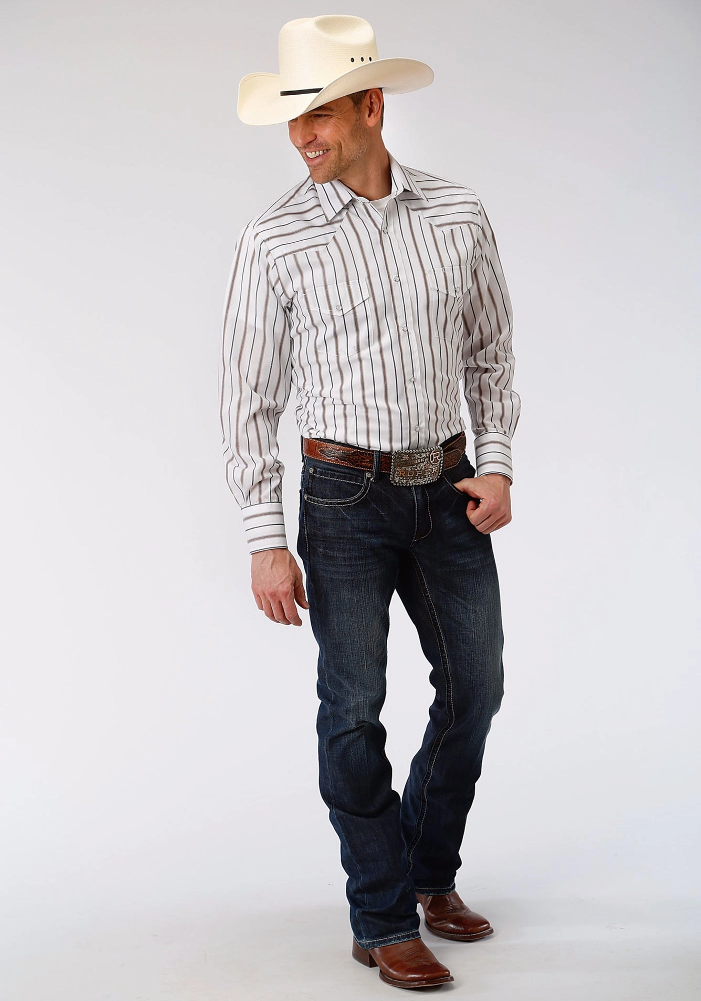 Brushed Inner Lining Roper Mens Brown/Grey Cotton Blend Wide Stripe L/S Shirt