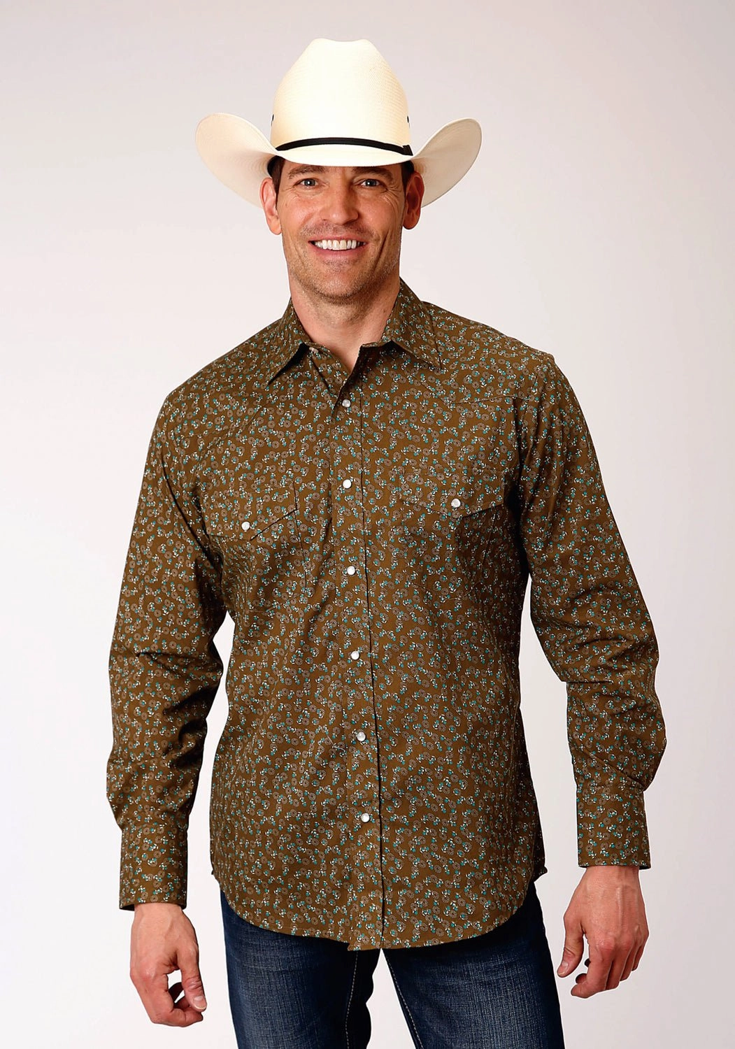 Abstract print Roper Mens Brown/Turquoise Cotton Blend Mini Floral L/S Shirt