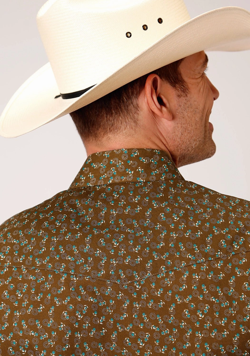 birthday party Flatlock stitching Roper Mens Brown/Turquoise Cotton Blend Mini Floral L/S Shirt