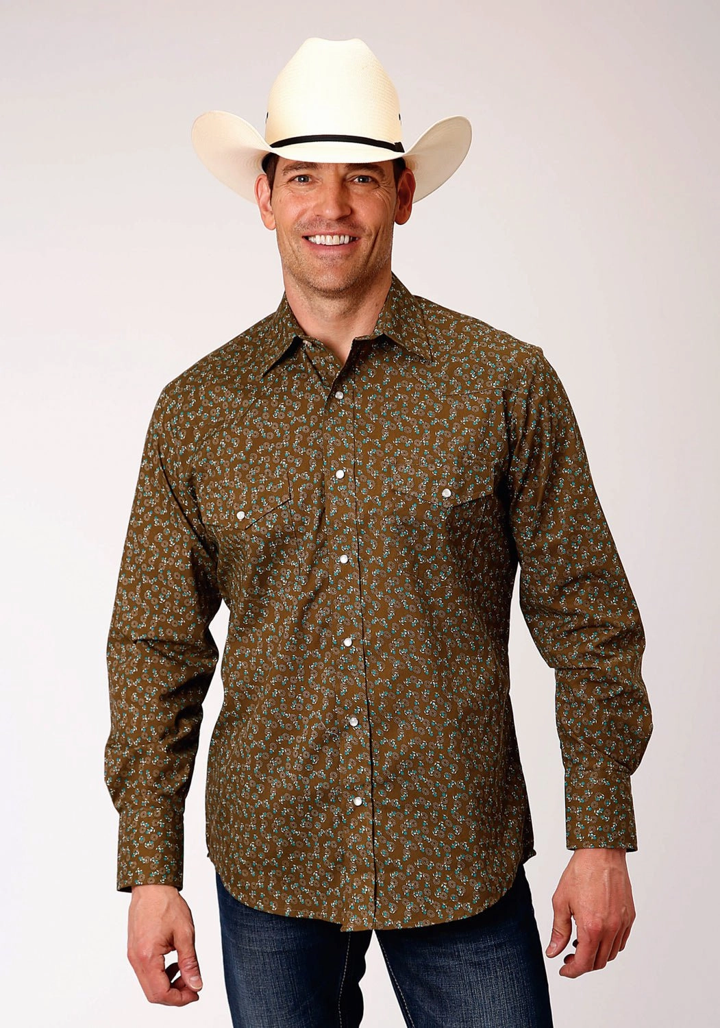 Roper Mens Brown/Turquoise Cotton Blend Mini Floral L/S Shirt Non-Iron