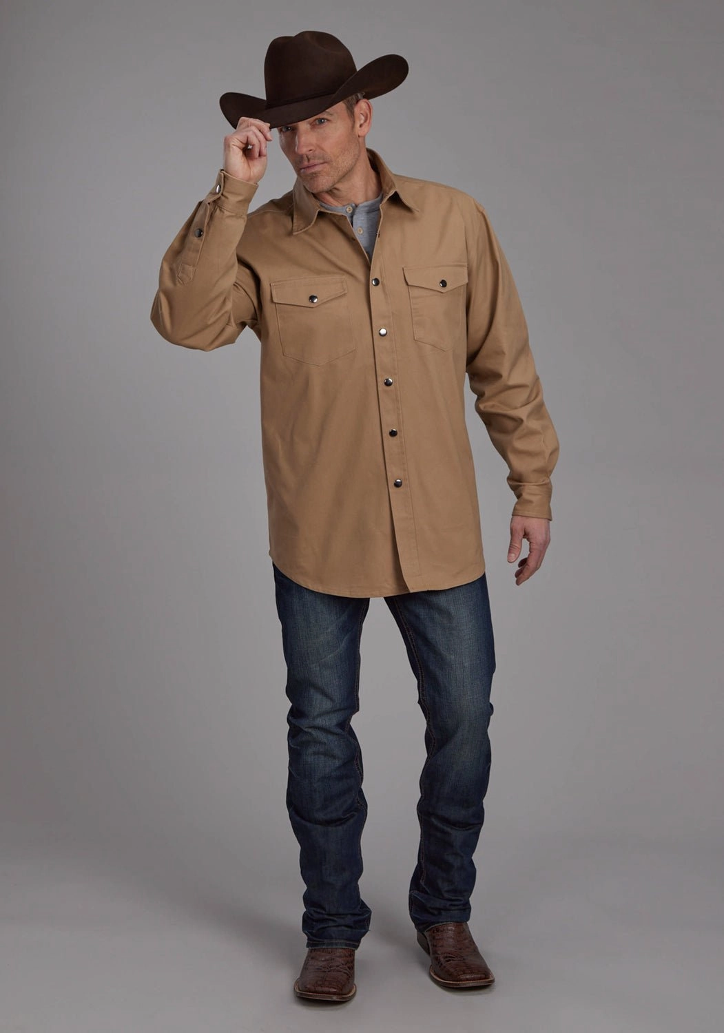 Checkered Look Denim Blend Roper Mens Brushed Twill Khaki 100% Cotton L/S Shirt