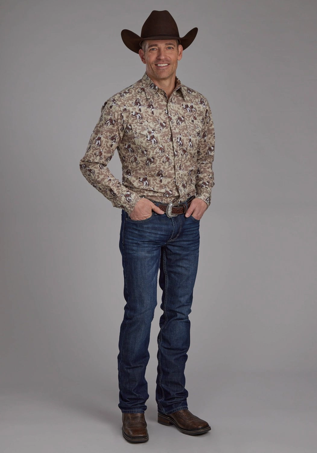 Pocket Detail Wrinkle Free Care Roper Mens Brushstroke Cowboys Brown 100% Cotton L/S Shirt