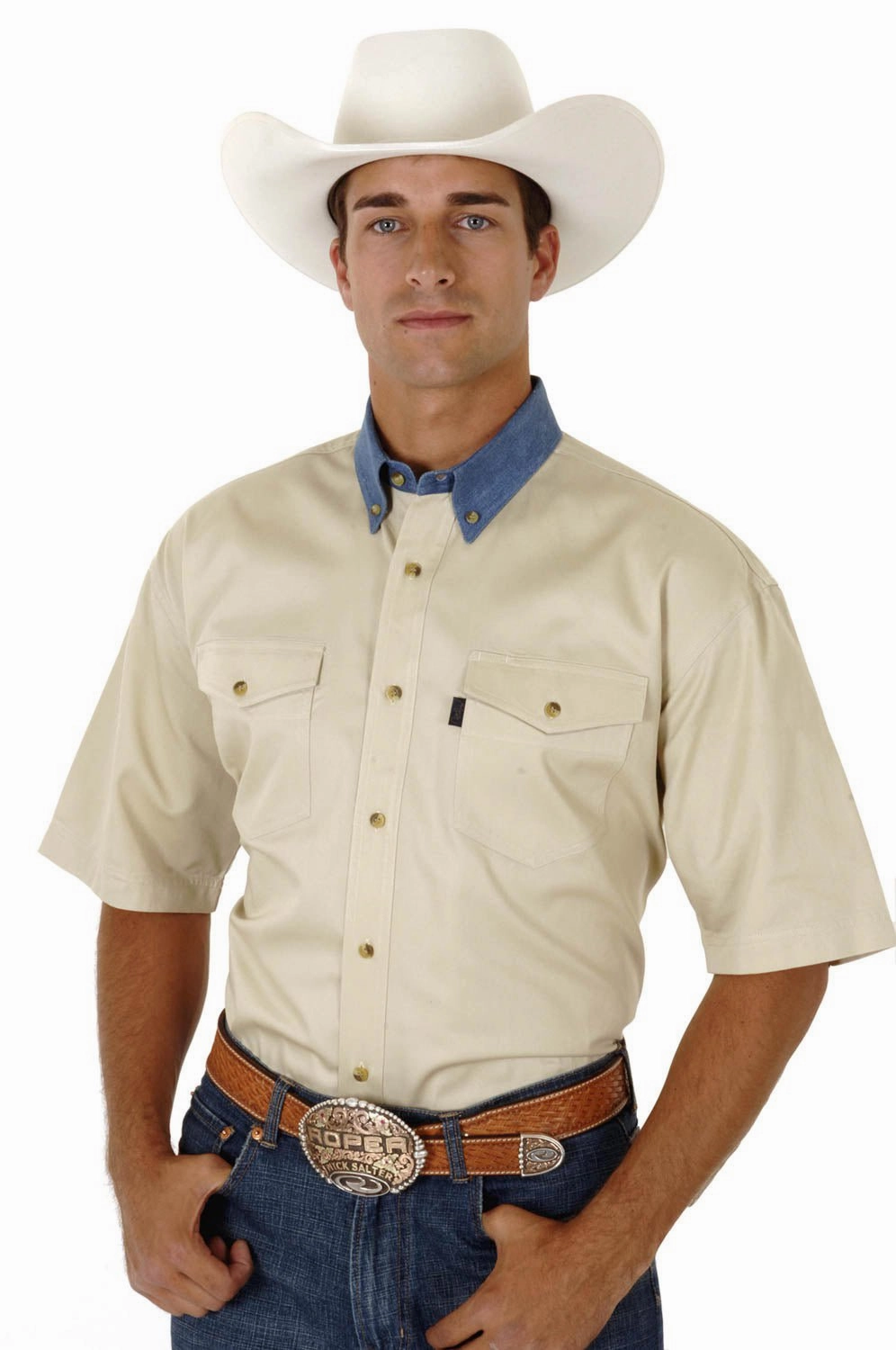 Roper Mens Button Down Western Khaki/Blue 100% Cotton S/S Shirt Corporate Retreat