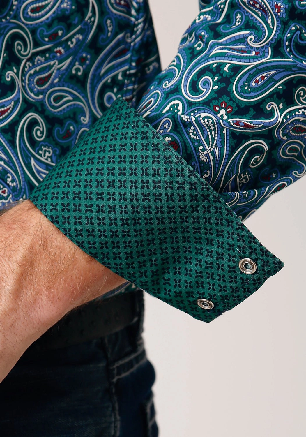 Roper Mens Canyon Paisley Blue 100% Cotton L/S Shirt Checkered Look