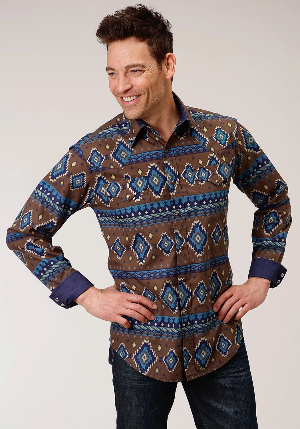 Non Restrictive Armhole Roper Mens Chocolate 100% Cotton Aztec Print L/S Shirt