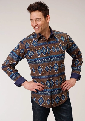 Roper Mens Chocolate 100% Cotton Aztec Print L/S Shirt Subtle patterns Holiday Outfit