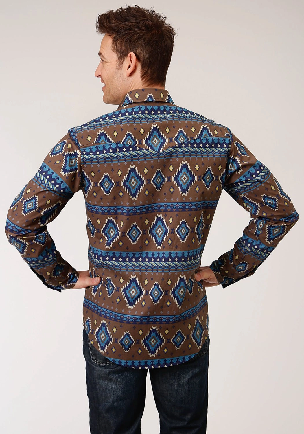 Roper Mens Chocolate 100% Cotton Aztec Print L/S Shirt Quick Release Placket