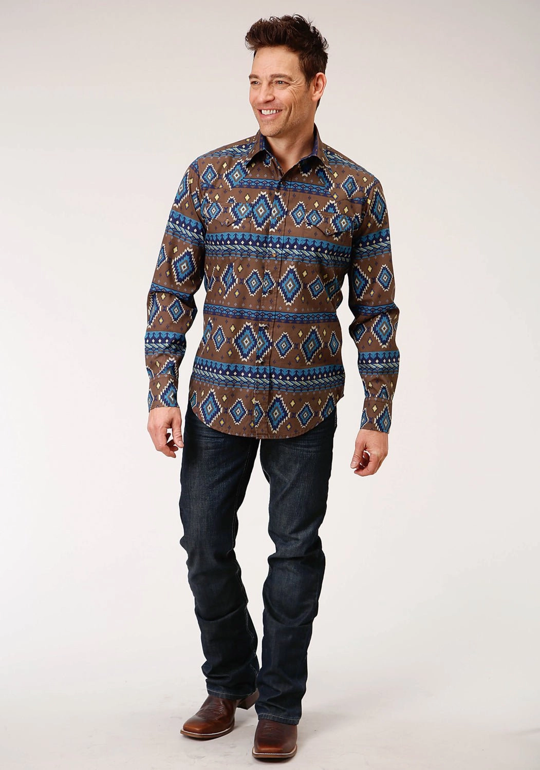 Roper Mens Chocolate 100% Cotton Aztec Print L/S Shirt Wardrobe Essential