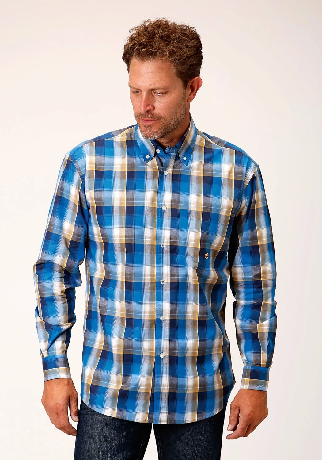 Roper Mens Clear Sky Plaid Blue 100% Cotton L/S Shirt Night Out