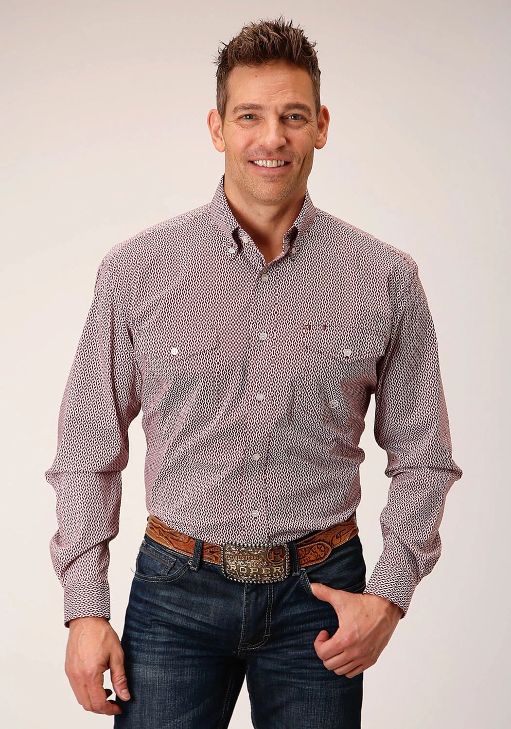 Roper Mens Climbing Diamond Red Cotton Blend L/S Shirt Breathable Cotton