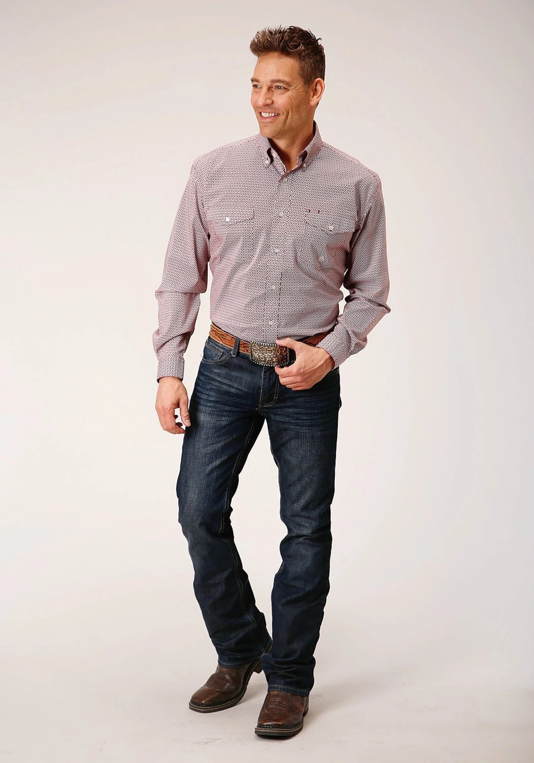 Luxury Feel Roper Mens Climbing Diamond Red Cotton Blend L/S Shirt