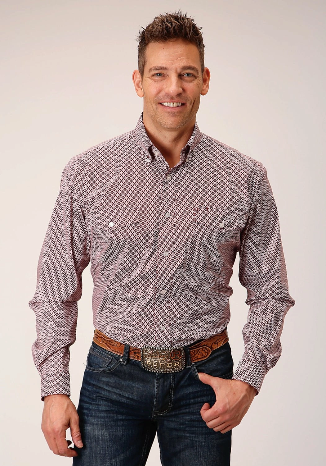 Runway Inspired Roper Mens Climbing Diamond Red Cotton Blend L/S Shirt